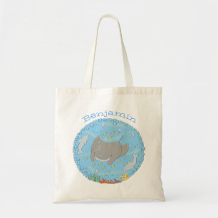 Cute manta ray and dolphins cartoon tote bag
