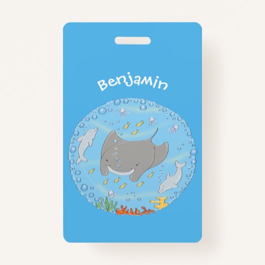 Cute manta ray en bubbles cartoon illustratie badge (Voorkant)