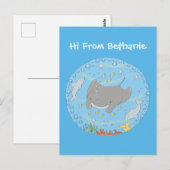 Cute manta ray en bubbles cartoon illustratie briefkaart (Voorkant / Achterkant)