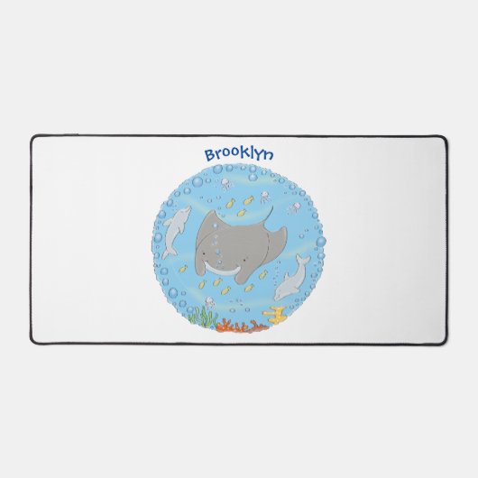 Cute manta ray en bubbles cartoon illustratie bureaumat (Voorkant)