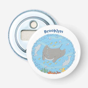 Cute manta ray en bubbles cartoon illustratie button flesopener