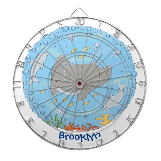 Cute manta ray en bubbles cartoon illustratie dartbord (Voorkant)