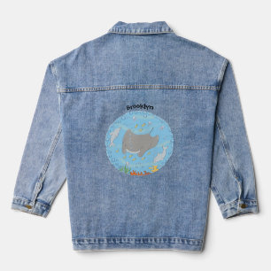 Cute manta ray en bubbles cartoon illustratie denim jacket