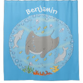 Cute manta ray en bubbles cartoon illustratie douchegordijn (Voorkant)