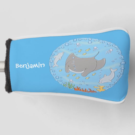 Cute manta ray en bubbles cartoon illustratie golfheadcover (Voorkant)