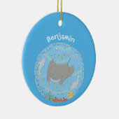 Cute manta ray en bubbles cartoon illustratie keramisch ornament (Rechts)