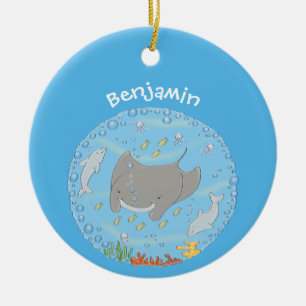 Cute manta ray en bubbles cartoon illustratie keramisch ornament