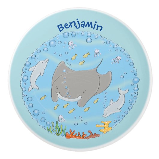 Cute manta ray en bubbles cartoon illustratie keramische knop (Voorkant)
