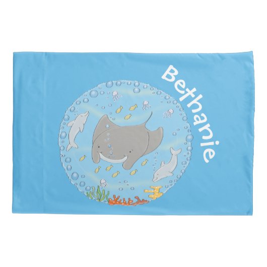 Cute manta ray en bubbles cartoon illustratie kussensloop (Achterkant)