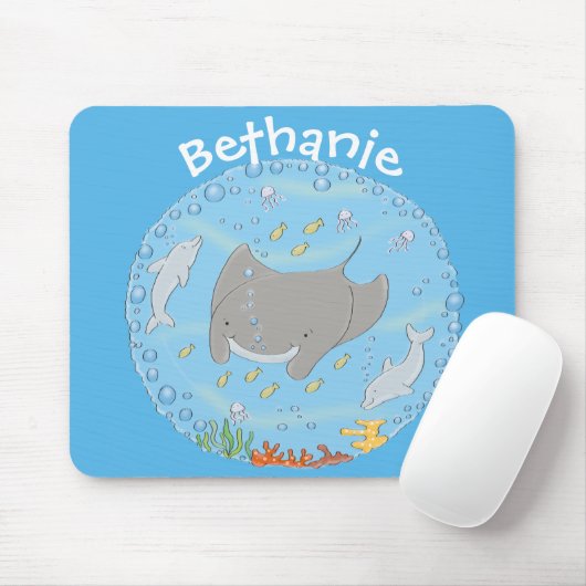 Cute manta ray en bubbles cartoon illustratie muismat (Met muis)