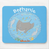Cute manta ray en bubbles cartoon illustratie muismat (Voorkant)