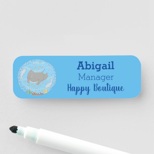 Cute manta ray en bubbles cartoon illustratie naamplaatje (In situ)