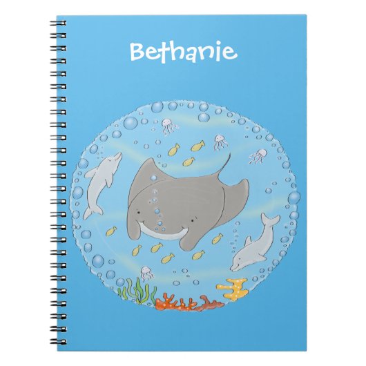 Cute manta ray en bubbles cartoon illustratie notitieboek (Voorkant)