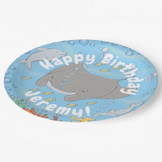 Cute manta ray en bubbles cartoon illustratie papieren bordje (Gekanteld)