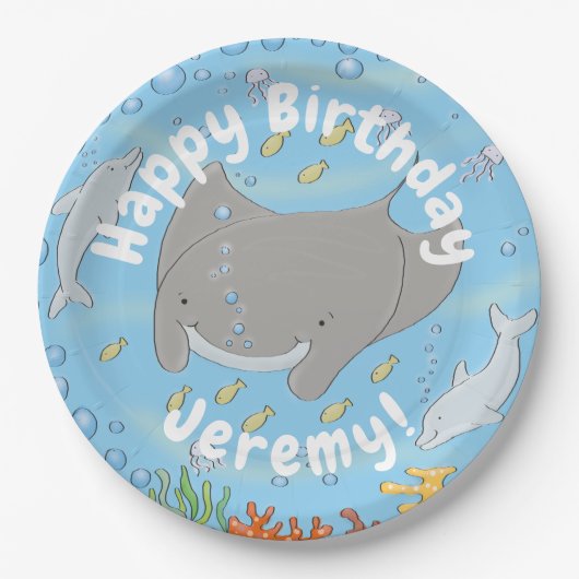 Cute manta ray en bubbles cartoon illustratie papieren bordje (Voorkant)