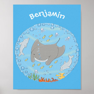 Cute manta ray en bubbles cartoon illustratie poster