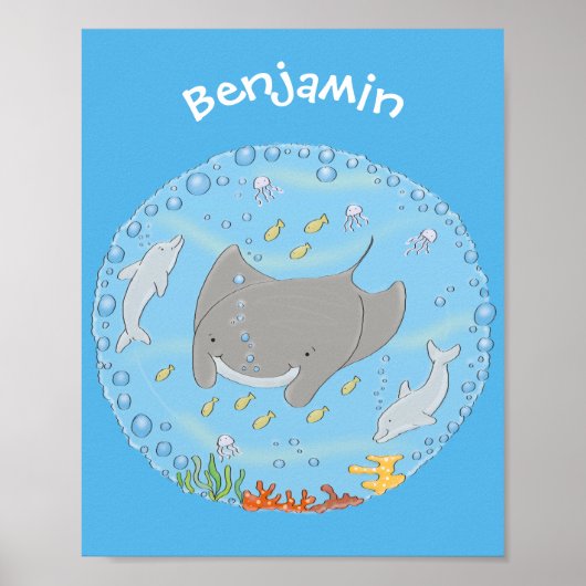 Cute manta ray en bubbles cartoon illustratie poster (Voorkant)