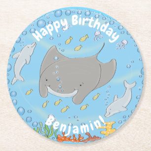 Cute manta ray en bubbles cartoon illustratie ronde kartonnen onderzetter