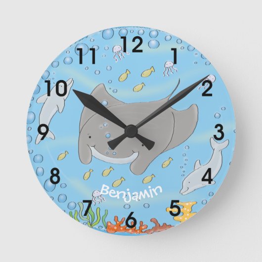 Cute manta ray en bubbles cartoon illustratie ronde klok (Voorkant)