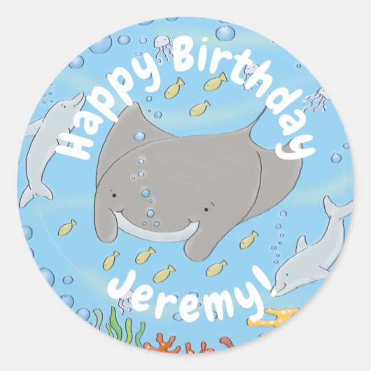 Cute manta ray en bubbles cartoon illustratie ronde sticker (Voorkant)
