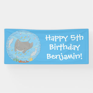 Cute manta ray en bubbles cartoon illustratie spandoek