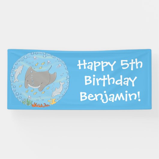 Cute manta ray en bubbles cartoon illustratie spandoek (Horizontaal)