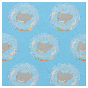 Cute manta ray en bubbles cartoon illustratie stof
