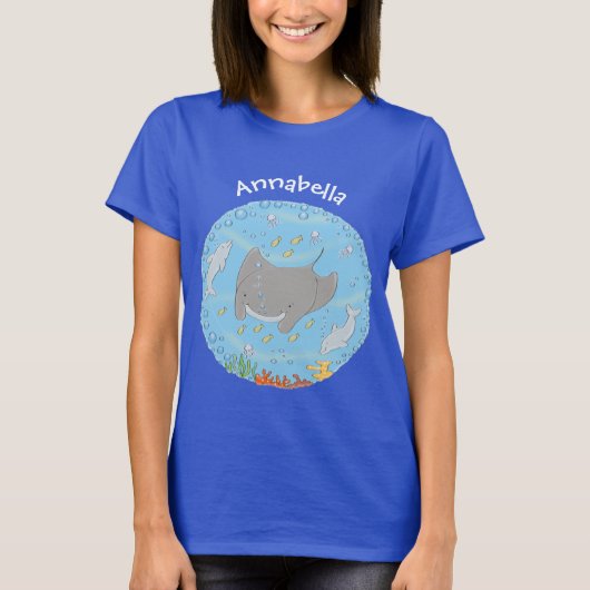 Cute manta ray en bubbles cartoon illustratie t-shirt (Voorkant)
