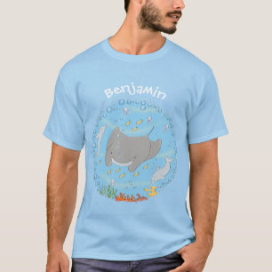Cute manta ray en bubbles cartoon illustratie t-shirt