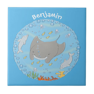Cute manta ray en bubbles cartoon illustratie tegeltje