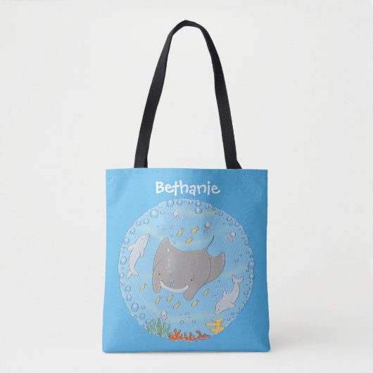 Cute manta ray en bubbles cartoon illustratie tote bag (Voorkant)