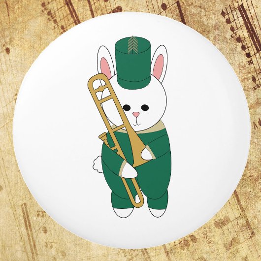 Cute Marching Bunny Trombone Player Green Gold Keramische Knop