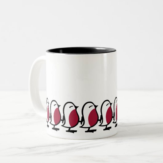 Cute Marching Robins Simple Bird Line Drawing Tweekleurige Koffiemok (Voorkant links)