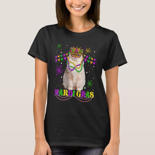 Cute Mardi Gras Cat Ragdoll Mask Beads Festival T-shirt (Voorkant)