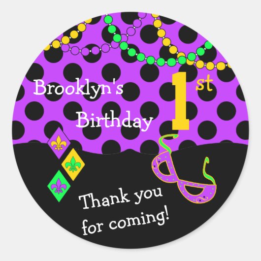 Cute Mardi Gras Theme 1st Birthday Seal Ronde Sticker (Voorkant)