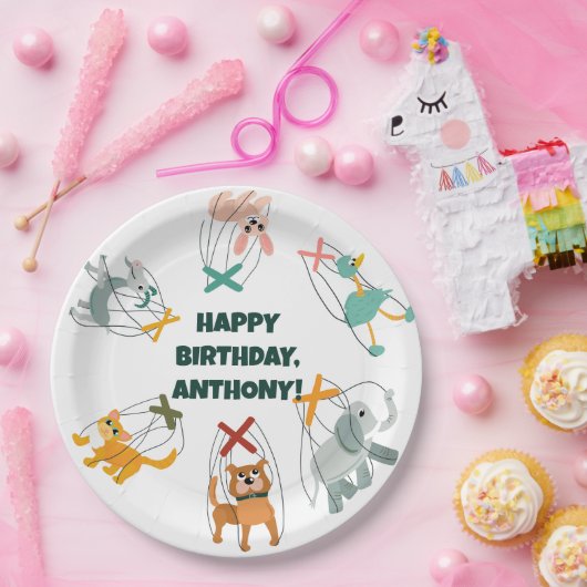 Cute Marionettes Puppet Show Thlemed Kids Birthday Papieren Bordje (Feest)