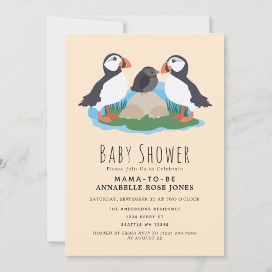 Cute Maritime Puffin Baby shower Invitation Kaart (Voorkant)