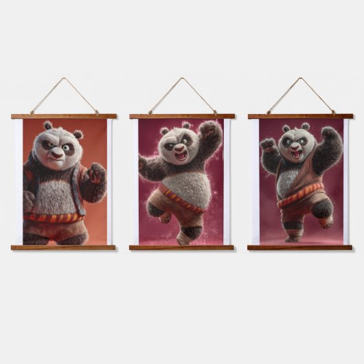 Cute Martial Arts Panda Muur Kunst Set van 3 Kinde Hangend Wandkleed (Driedubbel)