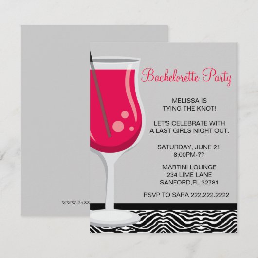 Cute Martini Bachelorette Party Invitation Kaart (Voorkant / Achterkant)