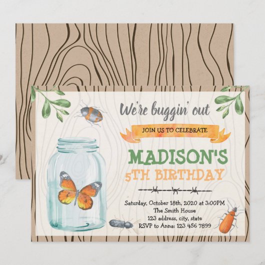 Cute mason jar bug party-uitnodiging kaart (Voorkant / Achterkant)