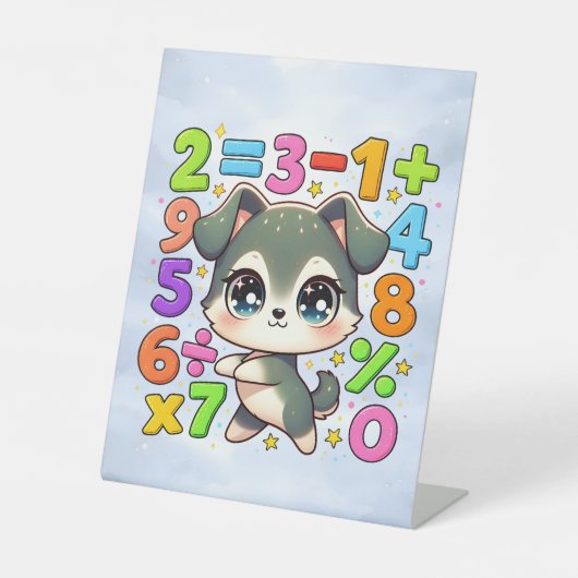 Cute Maths Puppy Numbers Desk Art for Kids Reclamebord Met Voetstuk (Voorkant)