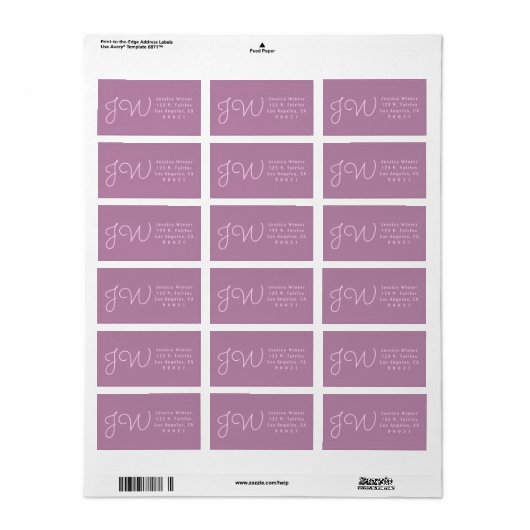 Cute Mauve/Pink Monogrammed Return Address Labels (Full Sheet)