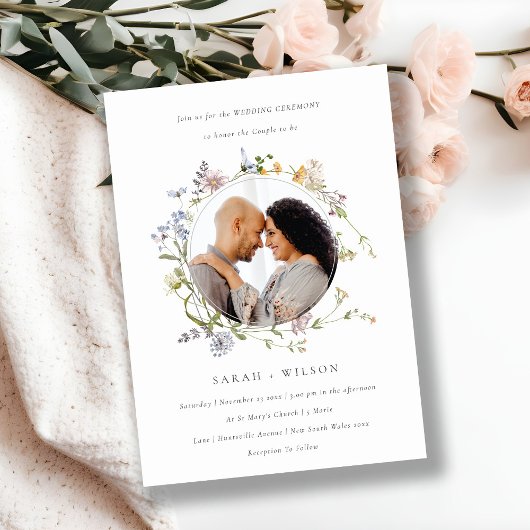 Cute Meadow Floral Wreath Wedding Photo Invite Bedankkaart