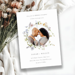 Cute Meadow Floral Wreath Wedding Photo Invite Bedankkaart