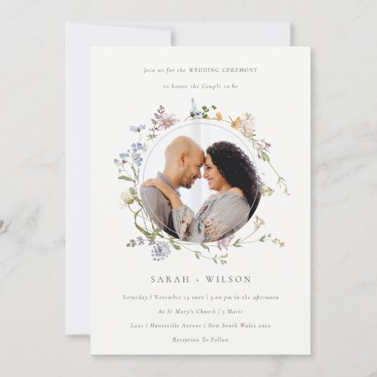 Cute Meadow Floral Wreath Wedding Photo Invite Bedankkaart (Voorkant)