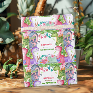 Cute meisje dinosaurus 1e verjaardagsfeestje cadeaupapier