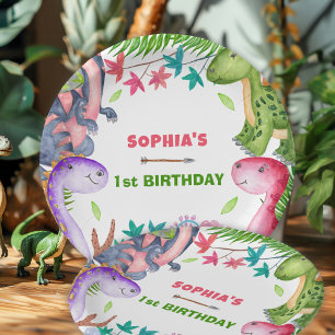 Cute meisje dinosaurus 1e verjaardagsfeestje papieren bordje