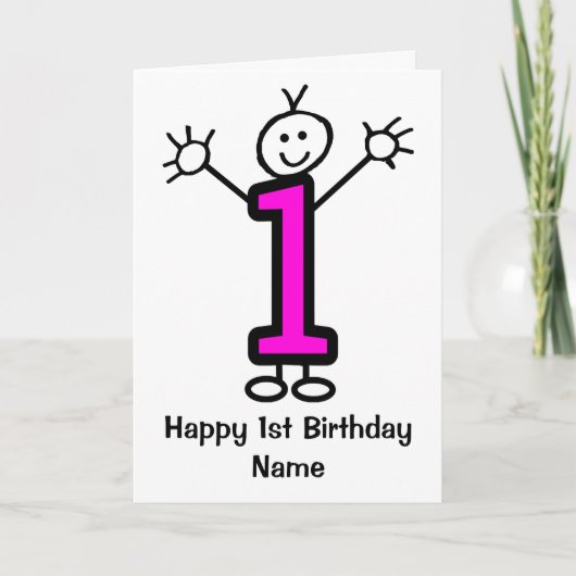 Cute meisje roze grappige cartoon 1e verjaardagska kaart (Voorkant)