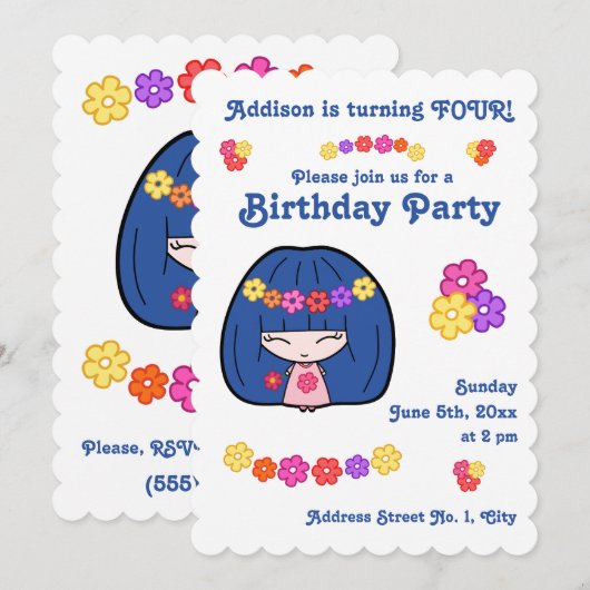 Cute meisje verjaardagsfeest uitnodigingen Kawaii  (Voorkant / Achterkant)