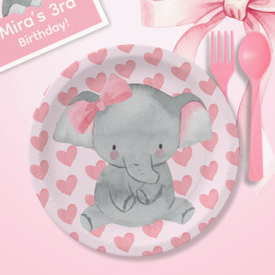 Cute Meisjes Olifant Roze Strik Verjaardagsfeestje Papieren Bordje